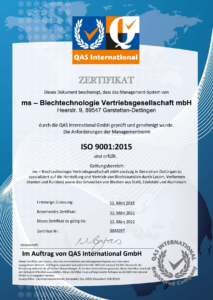 Zertifikat ms Blechtechnologie ISO 90012015